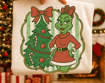 Grinch Girl Christmas PNG, Green Girl Xmas SVG, Retro Holiday Tree Clipart