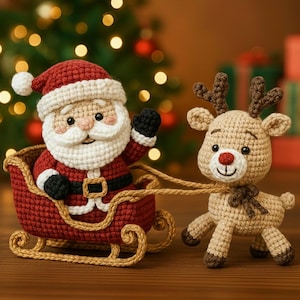 Op de afbeelding: Gehaakte kerstman in een rode slee getrokken door een rendier. De kerstman draagt een rood pak en hoed, met zwarte handschoenen. Het rendier is bruin met bruine geweien en een rode neus. Kerstboom op de achtergrond.