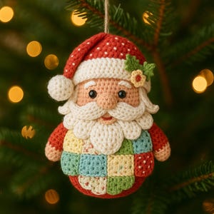 May include: Crocheted Santa Claus Christmas ornament. The ornament features a red and white Santa hat, a white beard, and a colorful patchwork body. The ornament is hanging from a string against a blurred green background with bokeh lights.