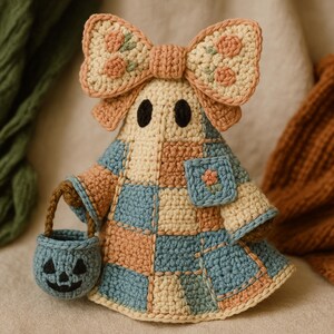 May include: A handmade crochet ghost doll with a patchwork design in cream, blue, and peach. The ghost has a bow with floral accents, black eyes, and a small pocket with a flower. It holds a blue pumpkin-shaped basket with a jack-o'-lantern face.