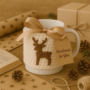 May include: White ceramic mug with a cream-colored knitted cozy featuring a brown deer applique. A tan ribbon bow adorns the handle. A brown tag reads "Handmade for You". The mug is surrounded by pine cones and gift boxes.
