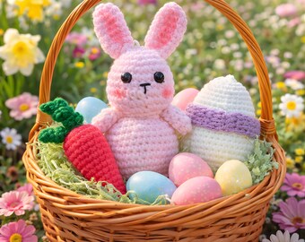 Easter Bunny Crochet Pattern, Amigurumi Carrot, Egg Basket Toy (PDF Download)