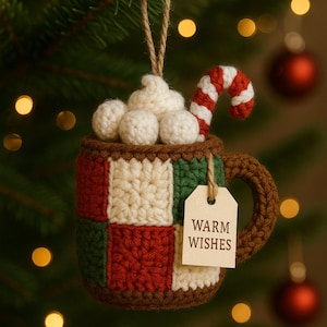 May include: Crocheted Christmas ornament shaped like a mug of hot cocoa. The mug is red, green, and white, with a brown handle. It is topped with white whipped cream and a candy cane. A tag reads "Warm Wishes".