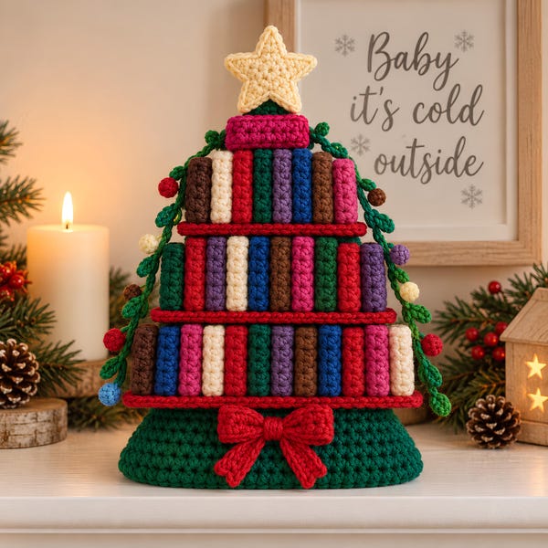Schema per albero di Natale all'uncinetto a tema libri, decorazione natalizia per amanti dei libri, schema all'uncinetto per le feste in formato PDF, regalo di Natale per appassionati di libri