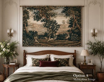 May include: A rectangular wall tapestry featuring a detailed landscape scene with dark green trees, white flowers, and birds in a meadow. The textile art is suspended from a horizontal rod and includes the text Option A Multicolour Fringe.