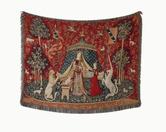 French Tapestry Woven Wall Hanging Lady and Unicorn Medieval Tapestry Vintage European Wall Decor Jacquard Tapestry Gothic Home Decor