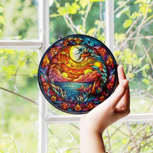 Sunset Ocean Stained Glass Suncatcher – Round Boho Window Hanging, Vibrant Beach Scene Decor, Colorful Coastal Art Gift for Nature Lovers