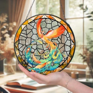 Handcrafted Phoenix Glass Suncatcher, Fantasy Window Art for Home Decor, Unique Gift for Mythical Bird Lovers, Phoenix GlassArt W129396TV