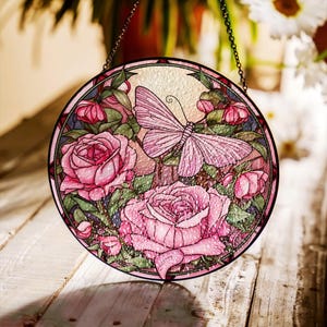 Pink Butterfly Stained Glass Suncatcher, Butterfly Light Catcher Window Hanging, Home Decor Butterfly with Flowers, Butterfly Lover Gift