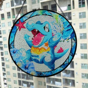 Handcrafted Totodile Glass Suncatcher, Ocean-Inspired Window Art, Great Gift for Fans & Decor, Totodile GlassArt W112528TV