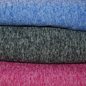 May include: Three fabric swatches in different colors: a bright blue, a dark gray, and a bright pink. The fabric has a speckled, textured appearance.