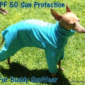 May include: A small dog wearing a turquoise blue sun protective suit with the text "UPF 50 Sun Protection" and "Fur Buddy SunWear" on the image.