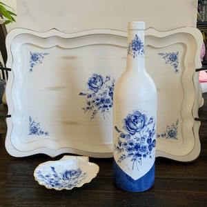 16x11 inch Rectangular Decoupage Wooden Tray Hand Painted Distresse Serving Tray Wine bottle vase shell bowl