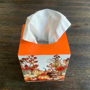 May include: A square tissue box cover with a bright orange top and a white base featuring a colorful autumn harvest print. The design includes various orange pumpkins, brown gourds, and fall foliage in shades of red, orange, and yellow. A white tissue is pulled through the top opening.