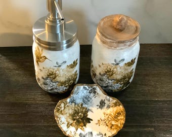 Decoupage Bottle Mason Jar and Shell with Lid Mason Jar Soap Dispenser