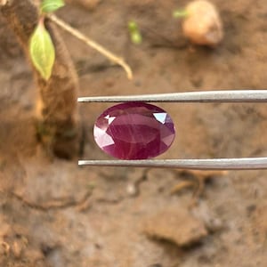 Könnte beinhalten: Ein oval geschliffener, tief magentaroter Edelstein, der von einer silberfarbenen Metallpinzette gehalten wird. Der Stein hat eine facettierte Oberfläche, die das Licht reflektiert, und zeigt eine durchscheinende Qualität mit sichtbaren Einschlüssen.