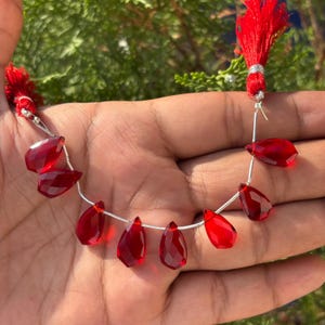 Könnte beinhalten: Eine Kette aus facettierten, tropfenförmigen, tiefroten Edelsteinen. Die Edelsteine sind auf einem dünnen Silberdraht aufgereiht, mit einer roten Quaste am Ende. Die Edelsteine werden vor einem grünen Hintergrund präsentiert.