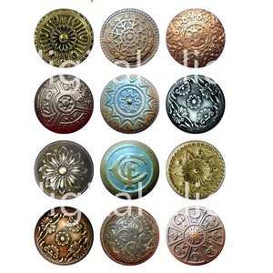 May include: Twelve antique door knobs with various designs and finishes. The knobs are round and have a raised design in the center. The knobs are made of metal and have a variety of colors, including gold, silver, bronze, and blue.