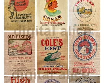 ANTIQUE GRAIN SACKS Vintage Old Feed Sacks Vintage Graphic Collage Sheet - Instant Download Digital Printable ACEo AtC,cards