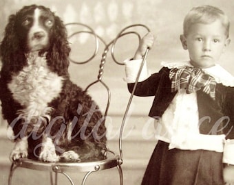 VINTAGE Antique PHOTO - Little Fancy Pants Boy with his spaniel DOG -Digital Download Printable -2 sizes - collage, scrapbooking, cards,