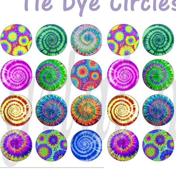 TIE DYE Craft Circles - Groovy Psychedlic Digital Download Crafts Sheet, Instant Download Digital Printable  - Bottlecaps Collage Sheet