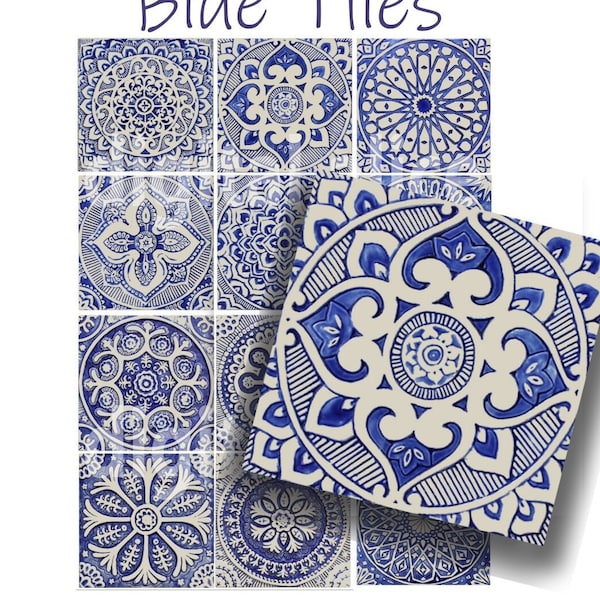 Boho BLUE TILES - Téléchargement instantané imprimable Paper Crafts 12 carreaux turcs bleus et blancs - découpage, carrés artisanaux, 2 et 4 pouces
