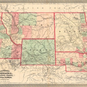 VINTAGE USA MAP 1865 -Téléchargement instantané carte imprimable numérique du Nebraska, Dakota, Wyoming, Montana DiY Imprimez autant que vous le souhaitez