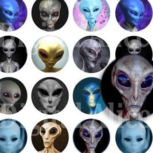 ALIEN ET Extraterrestrial Craft Circles -Instant Download Printable - Alien Heads and Faces - UFO Party, bottlecaps cabuchon images DiY