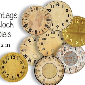 VINTAGE CLOCK FACES 12 pouces Craft Circles Huit instantanés téléchargement numérique imprimable Horloge Montre Cadrans Steampunk Industrial Antique Clocks image 1