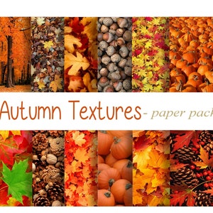 AUTUMN TEXTURES Paper Pack- 12 Digitale Papiere- Herbst Landschaft, Kürbisse, Eicheln, Tannenzapfen, Bunte Blätter - Download zum ausdrucken