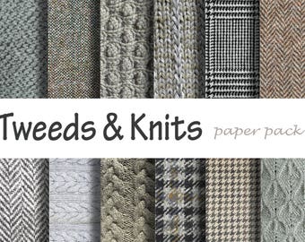 WOOL TWEEDS & KNITS Patterned Printable Digital Paper Pack -  12 papers,Instant Digital Download - Crafts, decoupage,backgrounds