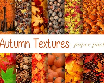 AUTUMN TEXTURES Paper Pack- 12 Digital Papers - Fall Pumpkins,Colored Leaves, Pinecones,Acorns, Landscape - Printable Download -paper crafts