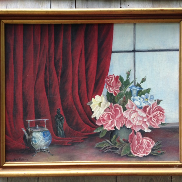 VINTAGE OIL PAINTING - Shabby Chic Roses against a velver curtain - 1900's midcentury FlOwer Oil on Board-sgned Gertrude Petkins