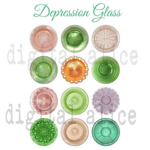 Vintage DEPRESSION GLASS PLATES Craft Circles  -Instant Download Digital Printable- Dollhouse,miniatures,crafts, bottlecaps DiY