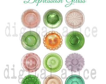 Vintage DEPRESSION GLASS PLATES Craft Circles  -Instant Download Digital Printable- Dollhouse,miniatures,crafts, bottlecaps DiY