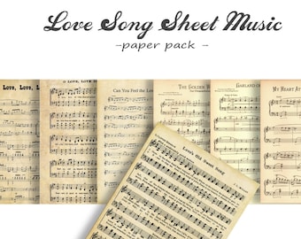 VINTAGE SHEET MUSIC - Digital Paper Pack - 7  Romantic Love Songs  -Instant Download Digital Printable Papers- Wedding, Valentines more