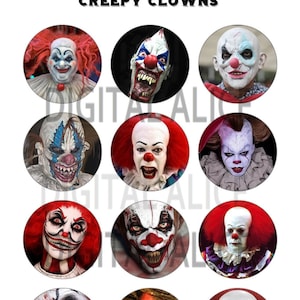 May include: A collage of twelve creepy clown faces, each in a circular frame. The clowns have exaggerated features, including red noses, white makeup, and wild hair. Some of the clowns are smiling, while others have a sinister expression.