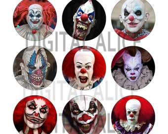 CREEPY CLOWNS -12 circles- Scary Clown, Creep Show Horror - Instant Download Printable  - 2 and 1 in circles, bottlecaps, jewelry, cabuchon