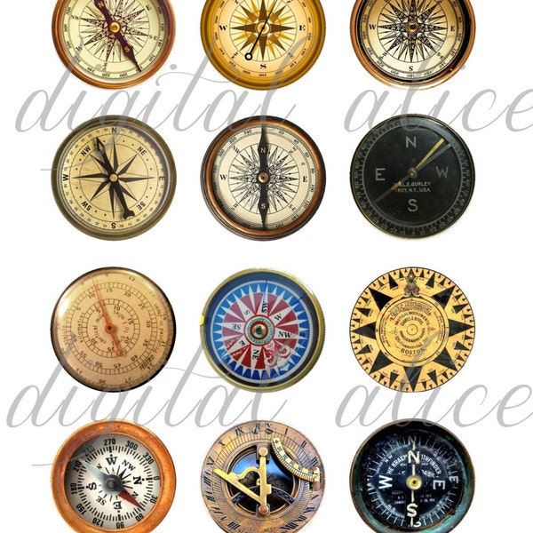 COMPASS Craft Circles - Nautical Marine Sundial Navigation Circles Download Instant Printable Stickers, Bottlecaps - 12,16, and 20mm circles