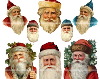 May include: A collection of 12 vintage illustrations of Santa Claus with different facial expressions and attire. Some Santas are wearing hats, while others are wearing wreaths. All of the Santas have white beards and mustaches.