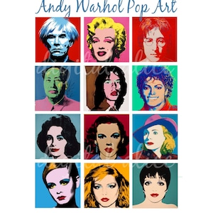 Printable Digital Collage Sheet - POP ART Andy Warhol Paintings - 1 and 2 inch tiles - Instant Download Printable