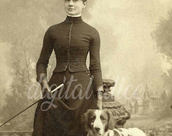 VINTAGE Antique PHOTO - A Victorian Beauty with her Cocker Spaniel -Digital Download Printable -2 sizes - collage, scrapbooking, cards,