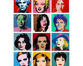 Printable Digital Collage Sheet - POP ART Andy Warhol Paintings - 1 and 2 inch tiles - Instant Download Printable