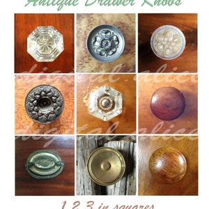 Puede incluir: Nueve pomos de cajón antiguos en varios estilos y acabados, incluyendo madera, metal y vidrio. Los pomos están dispuestos en una cuadrícula sobre una superficie de madera. El texto "1, 2, 3 in squares" está impreso debajo de la cuadrícula.