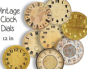 VINTAGE CLOCK FACES - 12 inch Craft Circles - Eight Instant Download Digital Printable Clock Watch Dials Steampunk Industrial Antique Clocks