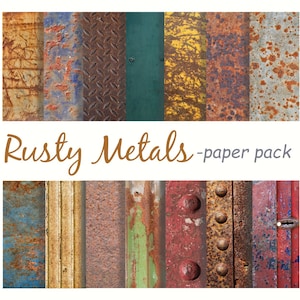 Peut inclure: Un pack de papier numérique avec 16 textures différentes de métal rouillé. Les textures comprennent différentes nuances de brun, rouge, vert et bleu, certaines comportant des rivets, des boulons et d'autres détails. Le pack est intitulé "Rusty Metals - paper pack".