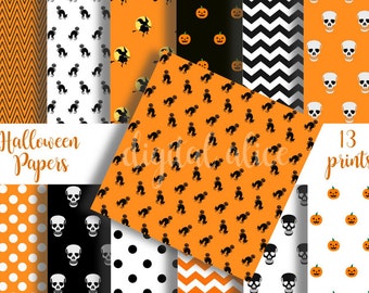 HALLOWEEN PRINT PAPERS - digital download - printable patterned paper backgrounds for crafts,party, witch,cat,pumpkin,skull - 13 papers