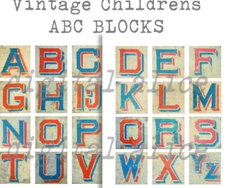 Vintage Kinder ABC BLÖCKE Quadrate - Alphabet Baby Blöcke - Instant Download Digital Druckbare Anhänger, Dias, Karten, Tags 2 x 2 inch