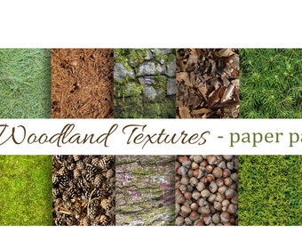 WOODLAND TEXTURES Paper Pack- Digital Papers - Moss,Pine Needles, Pinecones, Acorns, Bark, Leaves ,Printable Download -paper crafts