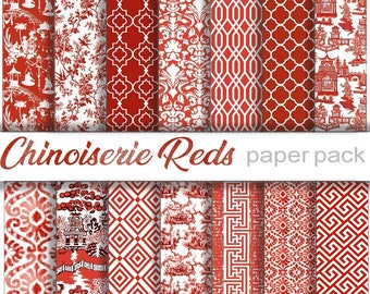 RED CHINOISERIE ORIENTAL Paper Pack- 14 Digital Papers - Asian Chinese French Toile Patterns - Photography Weddings -Printable Download